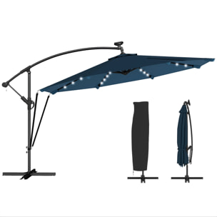 Parasol Excéntrico con Luces LED Solares, Ø345 cm, Sombrilla de Jardín de Aluminio con Base Cruzada, Manivela, Funda Protectora, Cuerdas de Viento, UPF50+, para Terraza, Patio, Azul Marino