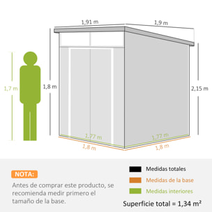 Caseta de Jardín Exterior, 3,24 m², 190x191x215 cm, Cobertizo de Jardín Exterior, Puerta Corredera con Pestillo, Ventana y Ventilación, para Almacenamiento de Herramientas, Gris Claro