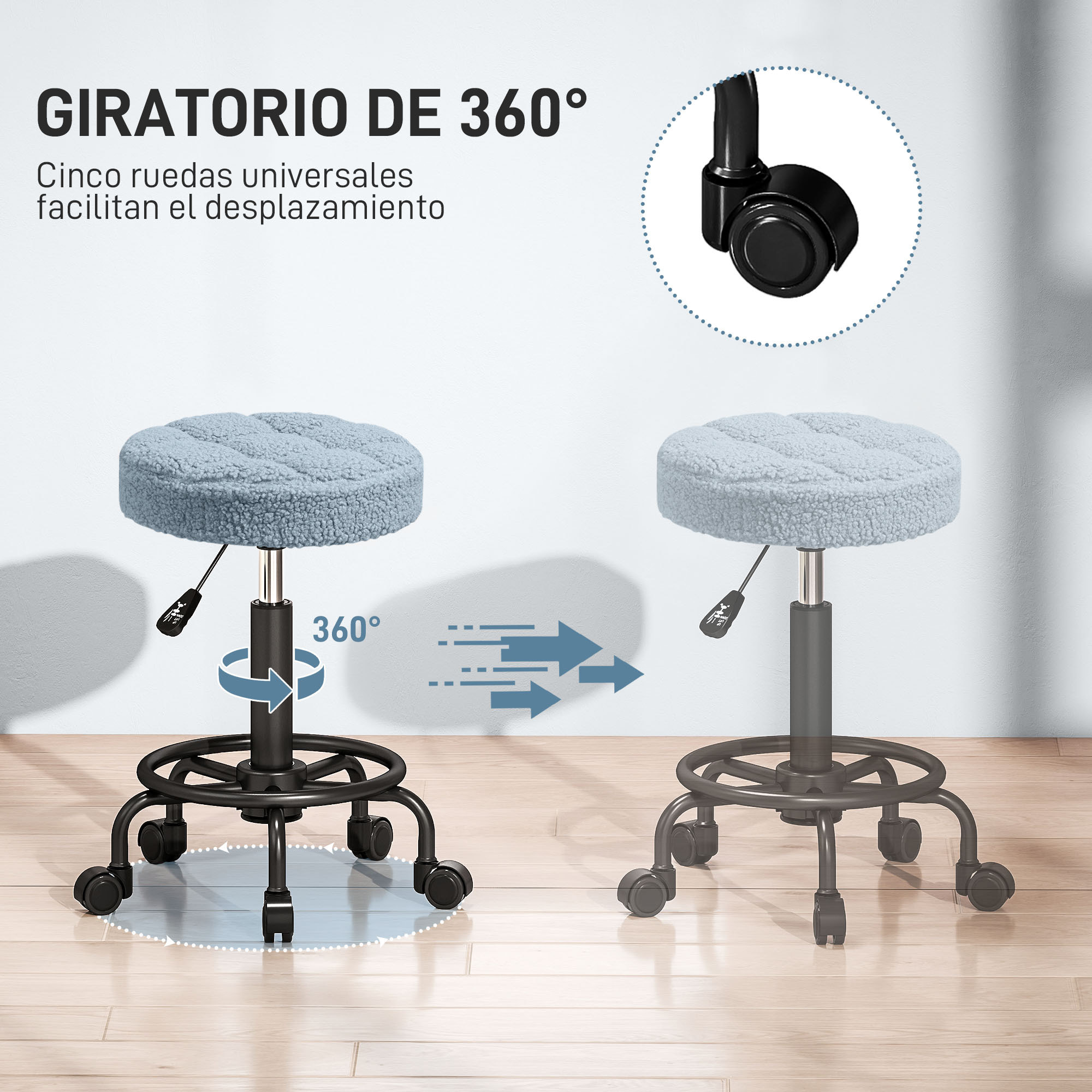 Taburete Giratorio Redondo Taburete con Ruedas Altura Regulable 50-66 cm Asiento Tapizado en Tejido de Borreguito para Salones Talleres Spa Masaje Azul