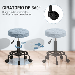 Taburete Giratorio Redondo Taburete con Ruedas Altura Regulable 50-66 cm Asiento Tapizado en Tejido de Borreguito para Salones Talleres Spa Masaje Azul