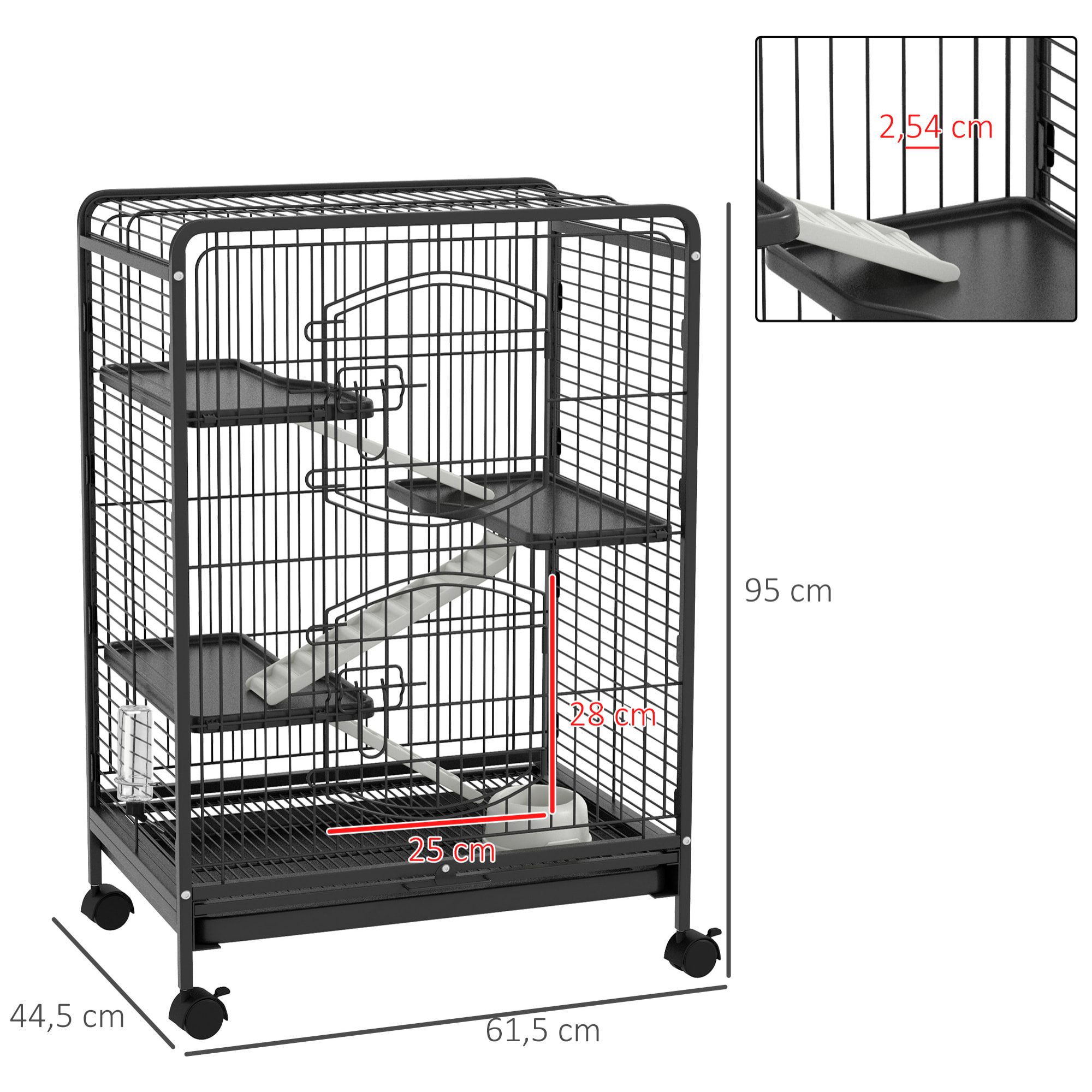 Jaula para Roedores con Ruedas 64x43,5x93 cm Jaula para Animales Pequeños con 2 Puertas 3 Plataformas Bandeja Extraíble Comedero y Bebedero para Conejos Cobayas Negro