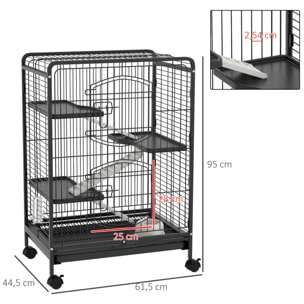 Jaula para Roedores con Ruedas 64x43,5x93 cm Jaula para Animales Pequeños con 2 Puertas 3 Plataformas Bandeja Extraíble Comedero y Bebedero para Conejos Cobayas Negro