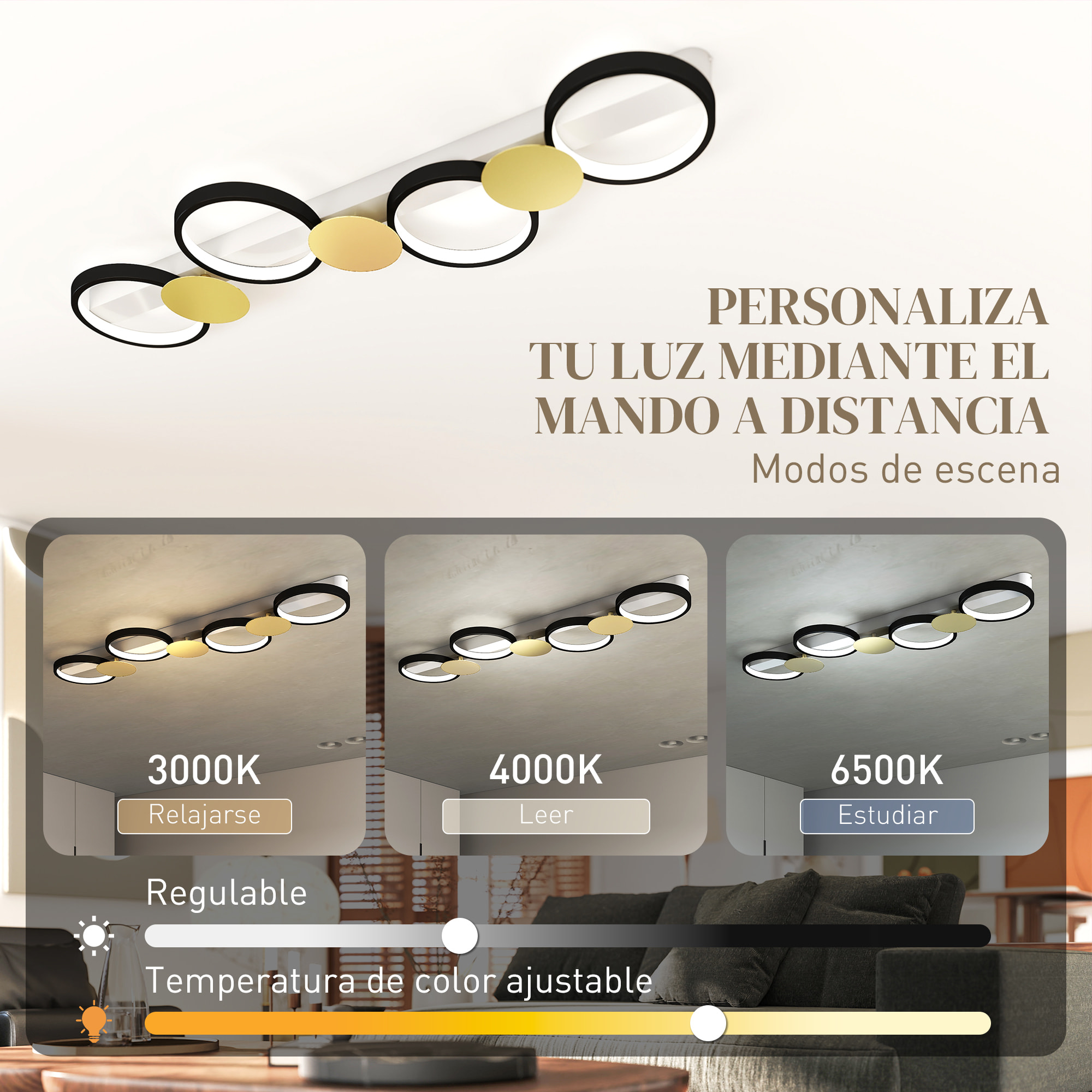 Lámpara de Techo Regulable con 4 Focos, Plafón LED de Techo con Mando a Distancia, Modos de Escena, 1500 lm, 38 W, 3000 K-6500 K, para Salón, Dormitorio, Oficina, Negro y Dorado
