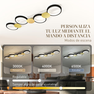 Lámpara de Techo Regulable con 4 Focos, Plafón LED de Techo con Mando a Distancia, Modos de Escena, 1500 lm, 38 W, 3000 K-6500 K, para Salón, Dormitorio, Oficina, Negro y Dorado