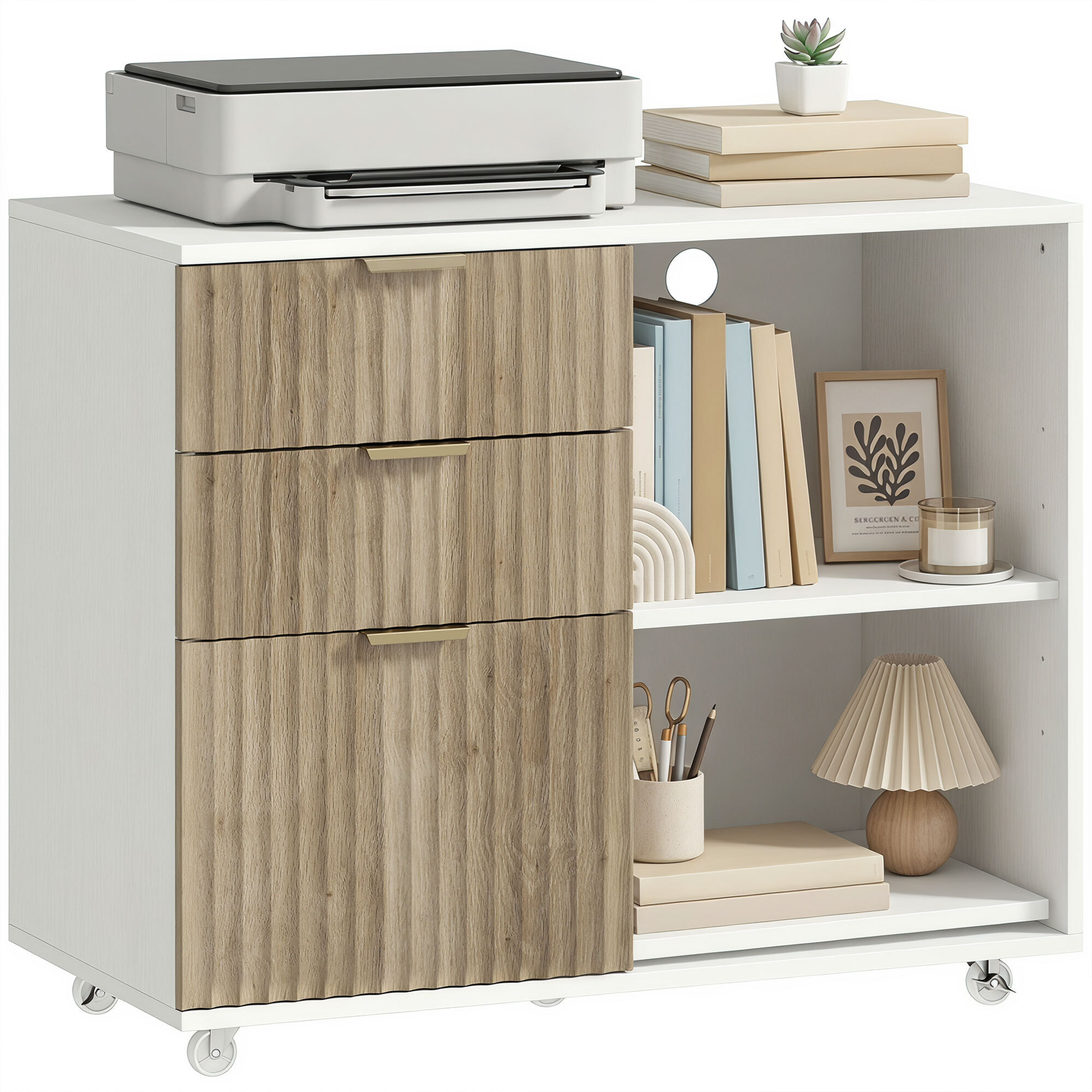 Mueble para Impresora con Ruedas, Mesa para Impresora con 3 Cajones, Barra Ajustable, 2 Estantes Abiertos para Documentos Tamaño A4, Carta, Archivador Móvil para Oficina en Casa, Blanco y Roble