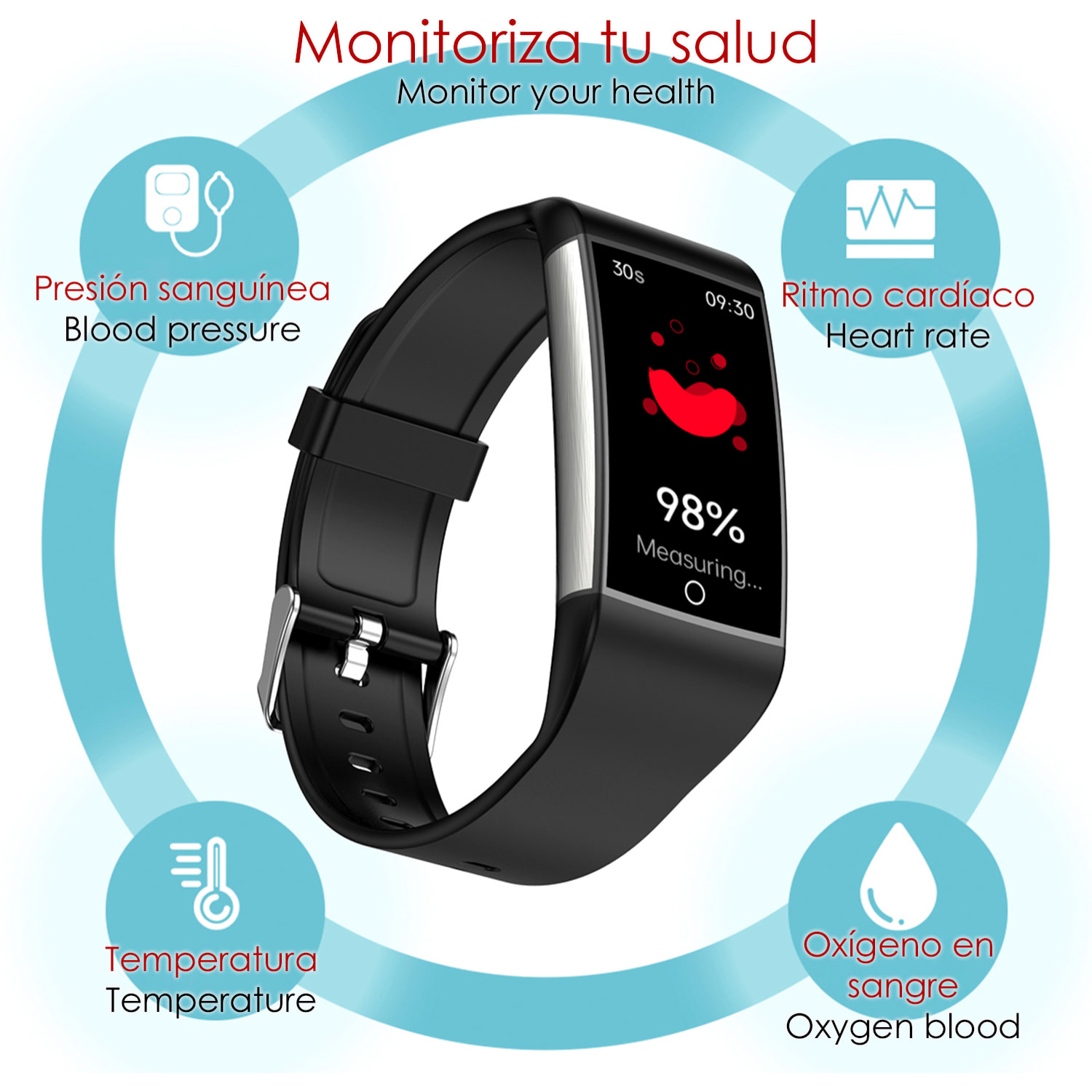 DAM Brazalete inteligente TK76. Terapia de moxibustión magnética. Monitor de ácido úrico, lípidos en sangre, grasa corporal, glucosa en sangre. 4,3x1,1x2,7 Cm. Color: Rojo
