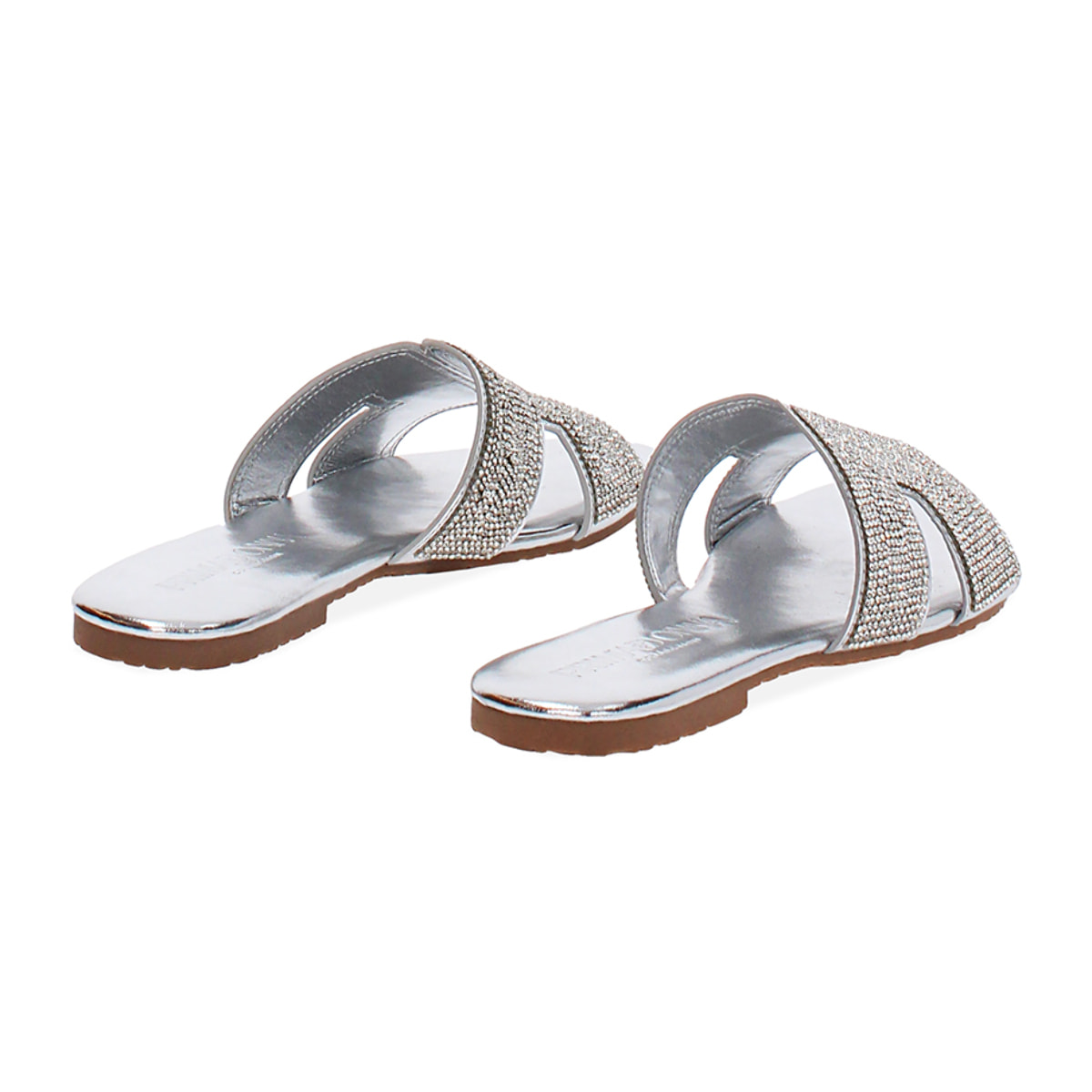 Sandaletto con tomaia laminata in strass color argento