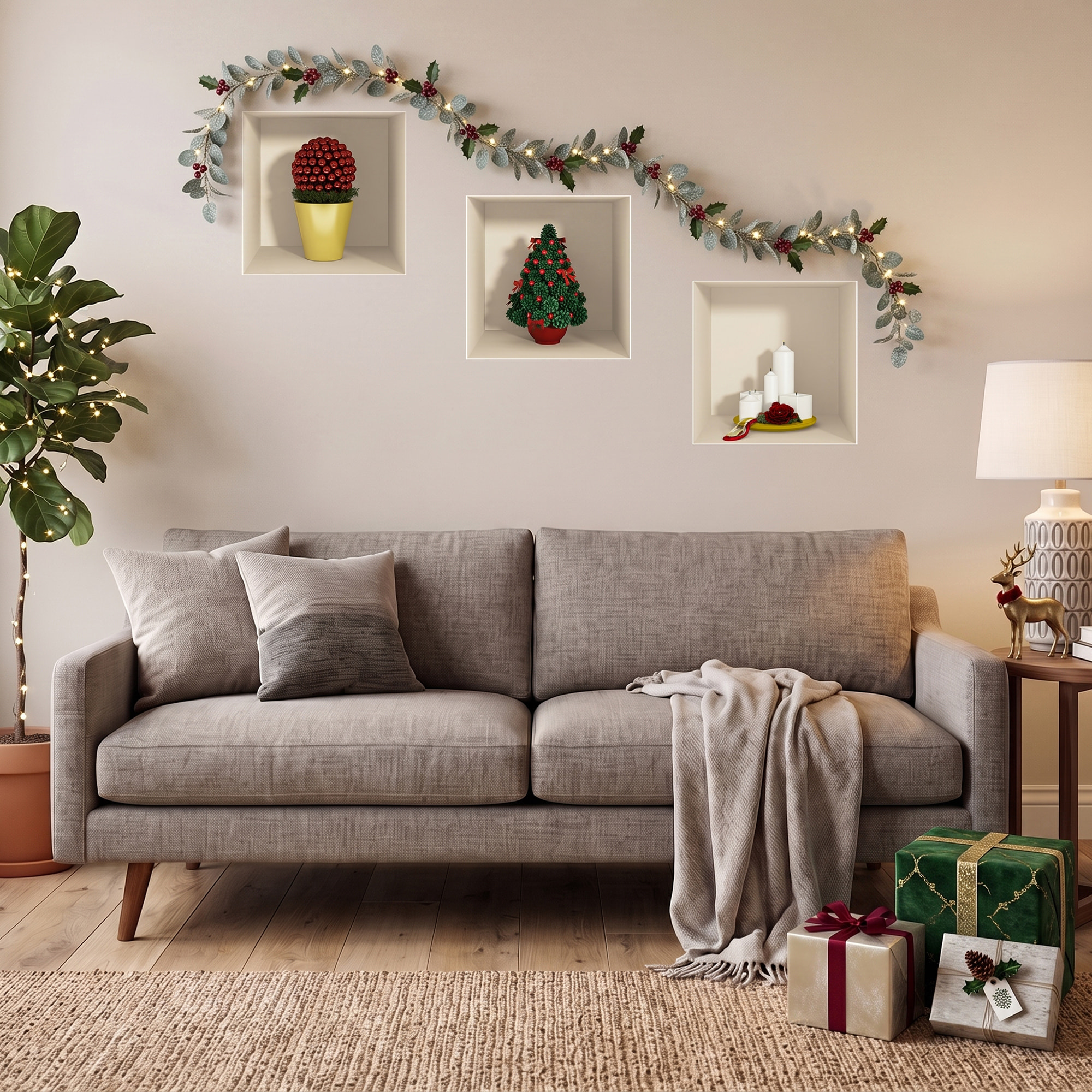 Stickers muraux 3D | Sticker Mural Autocollant effet 3D Noël sapin et bougies - Stickers adhésifs 3D Chambre Salon Trompe l'oeil