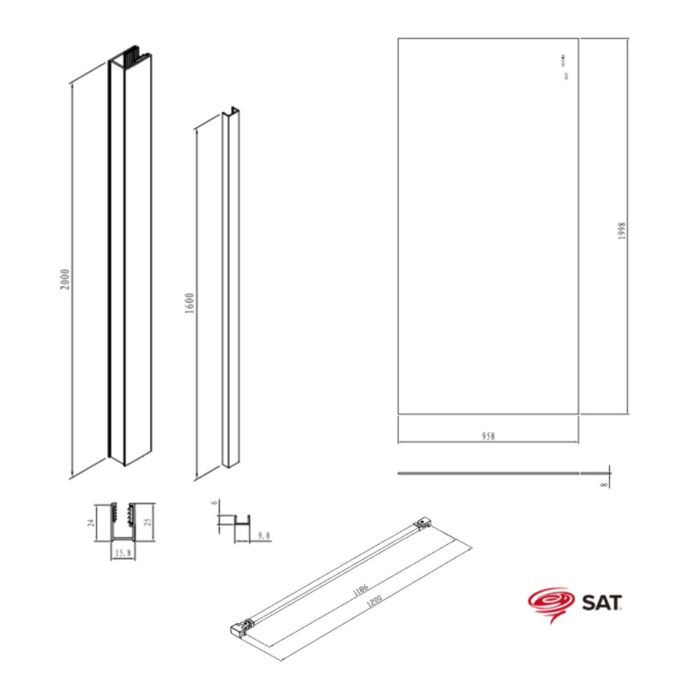 Walk-in 100x200cm Paroi en verre Crystal Glass® 8 mm anticalcaire, avec bras et profilés or (SATBWI100PRZ)