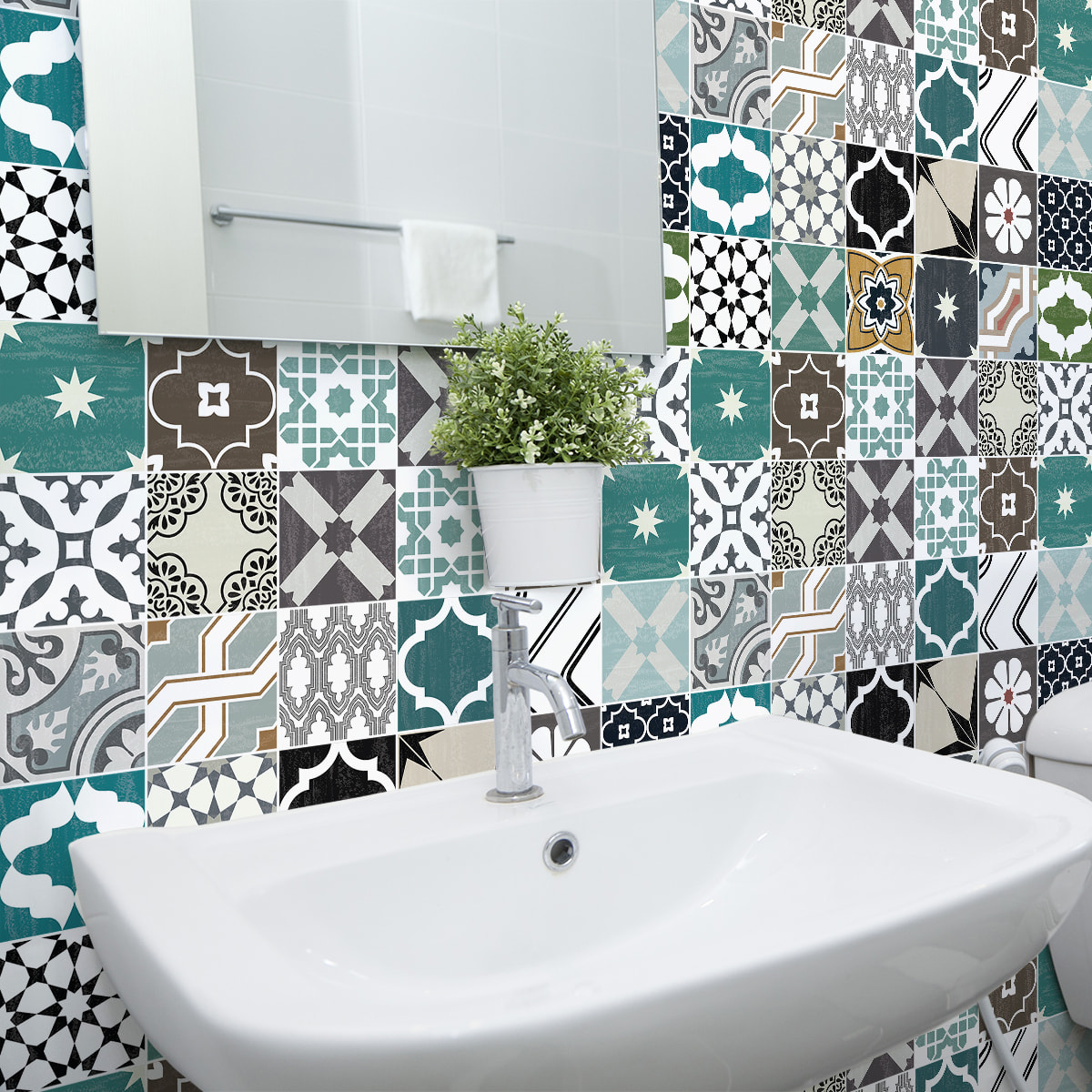 Stickers muraux - Sticker Mural Carrelage adhésif Cuisine Salle de Bain - 30 STICKERS CARREAUX DE CIMENT AUTHENTIQUES AILANI