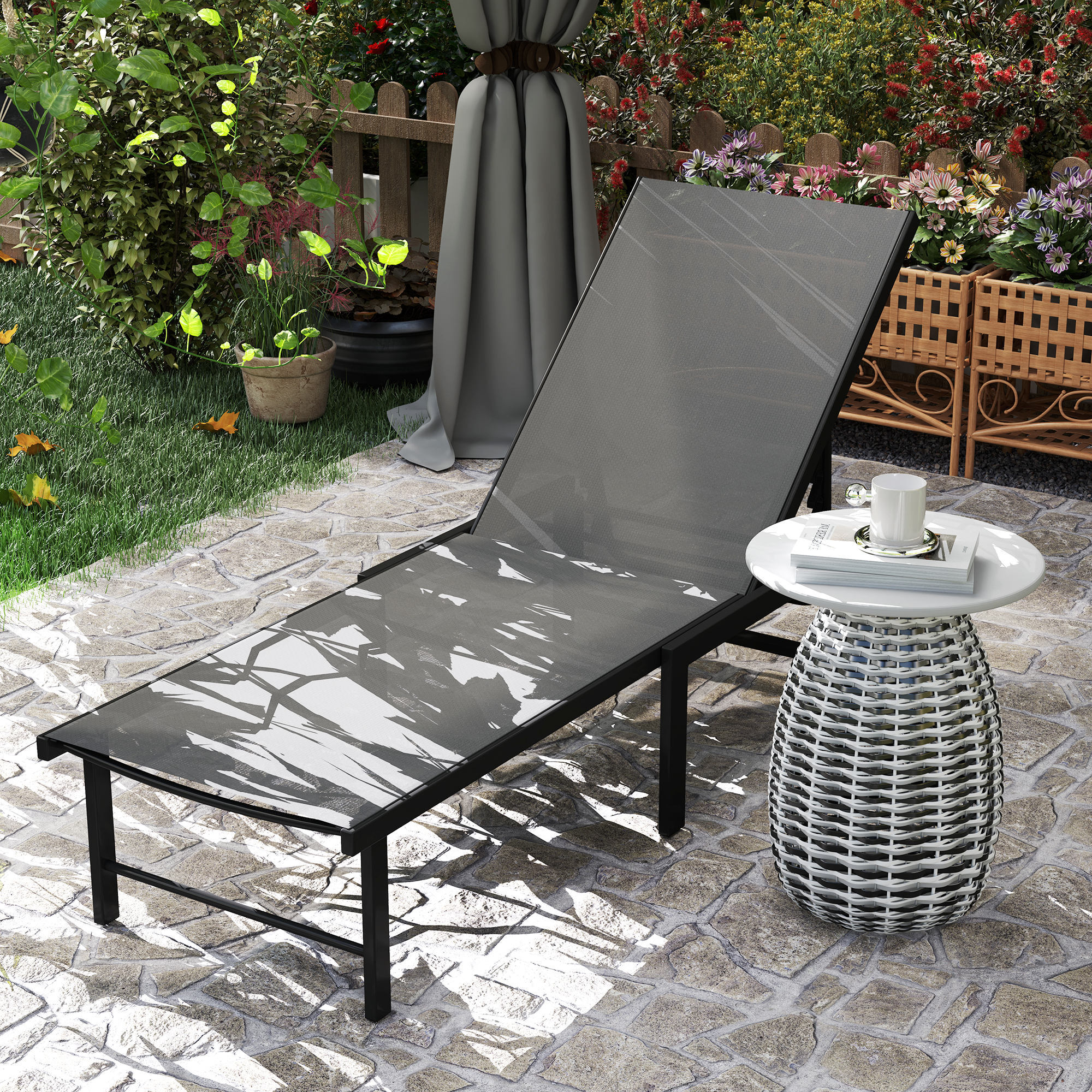 Tumbona Jardín Exterior, Tumbona Reclinable con Respaldo Ajustable en 5 Niveles y Estructura de Acero, Impermeable, Carga 120 kg, para Patio, Terraza, Balcón, 166x60x84 cm, Gris