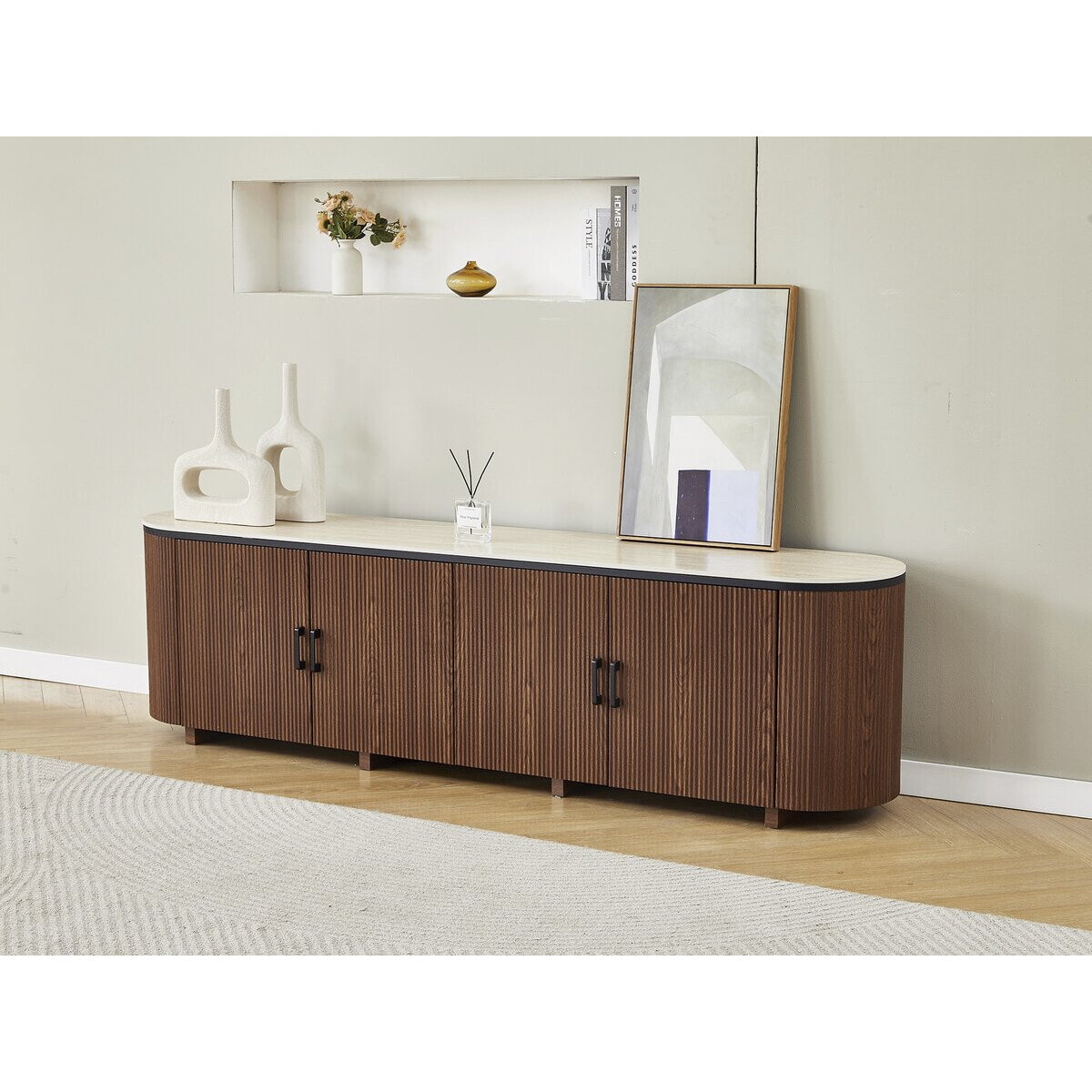 Meuble tv ovale en bois et céramique "Portofino" - 200 x 40 x 55 cm - Marron