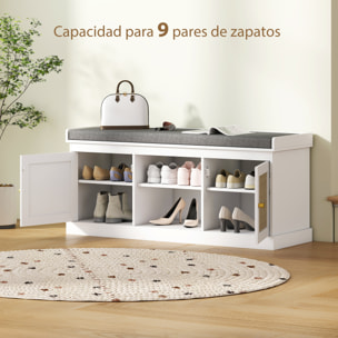 Banco Zapatero Mueble Zapatero Banco Recibidor Bohemio con Asiento Acolchado Puertas Frentes de Ratán Estante Abierto Estante Ajustable para 9 Pares de Zapatos para Entrada 105x35x47 cm Blanco