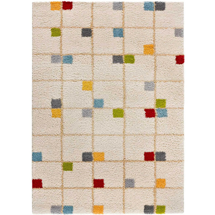 BREMEN Alfombra shaggy geométrica en blanco y motivos multicolor, varias medidas disponibles