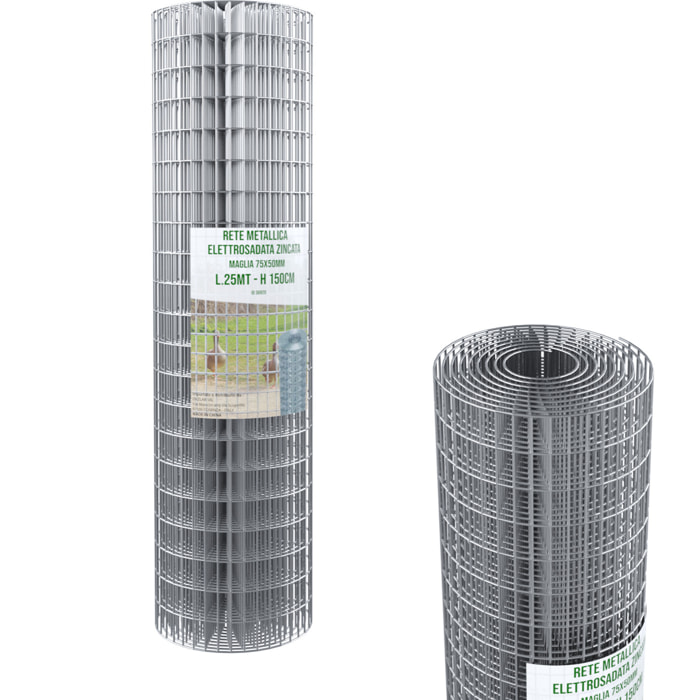 Rotolo Rete Metallica Per Recinzioni 25 M Zincata Elettrosaldata Rigida Maglia 75 x 50 mm Per Giardino Orto Piante Spazi Esterni (150 Cm)