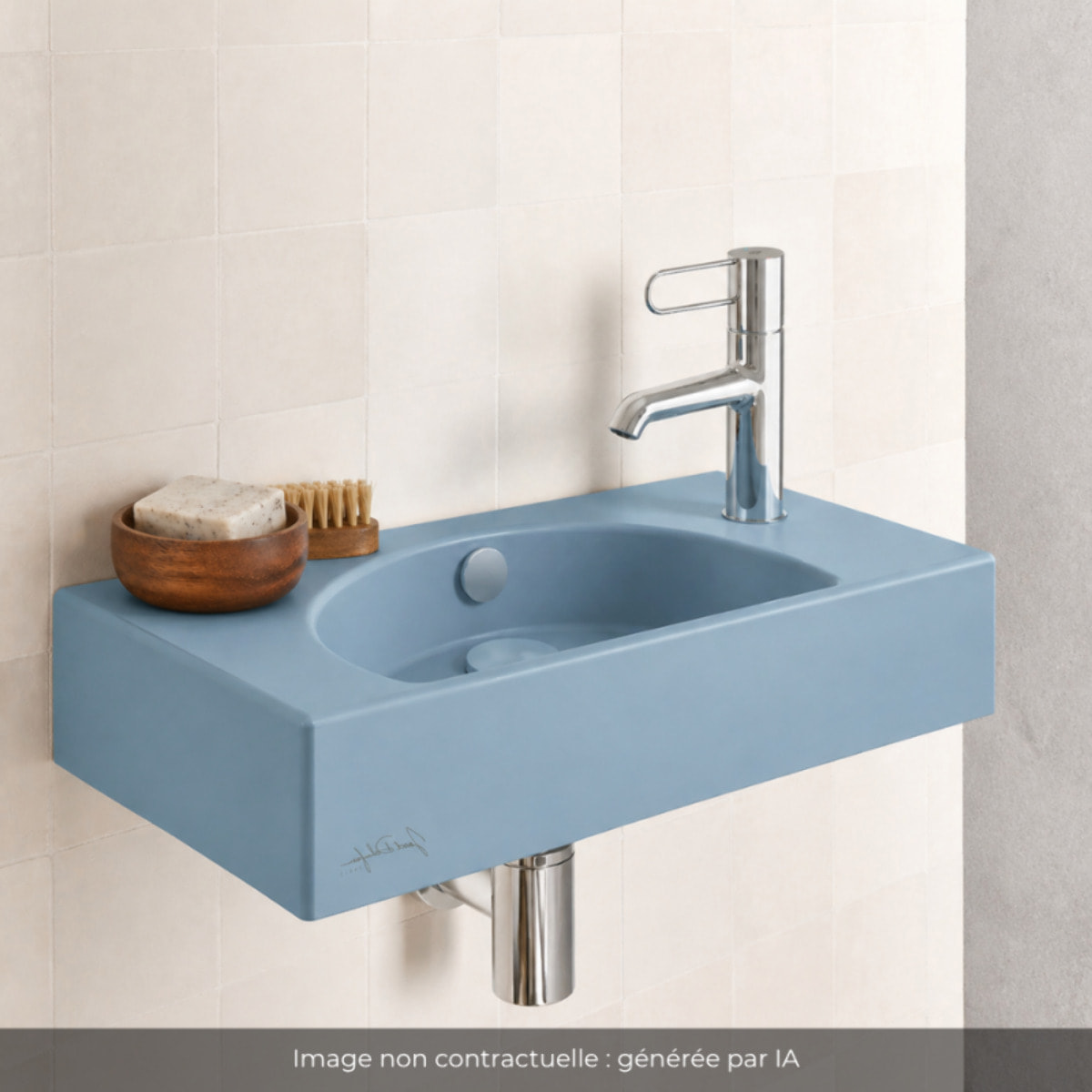 Lave-mains compact 50 cm Odéon Rive Gauche 1 trou de robinetterie à droite Aigue marine satiné