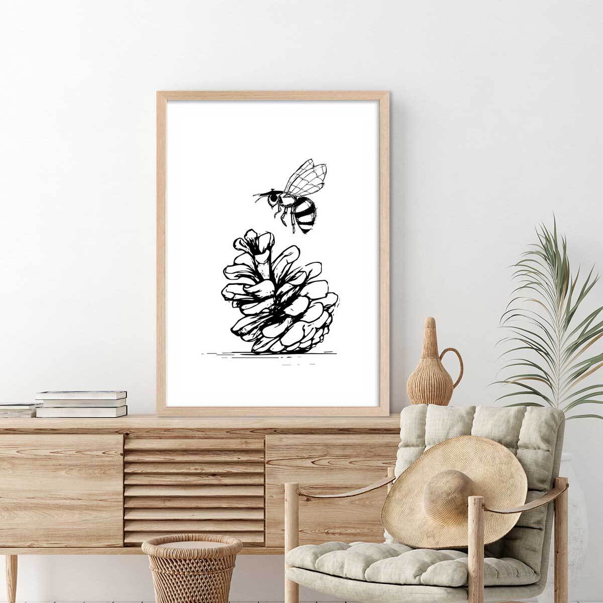 Poster pomme de pins et abeille Affiche + cadre en bois - Chêne