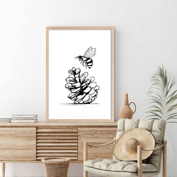 Poster pomme de pins et abeille Affiche + cadre en bois - Chêne