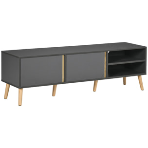 Meuble TV banc TV 2 portes 2 niches design scandinave panneaux particules gris aspect bois clair