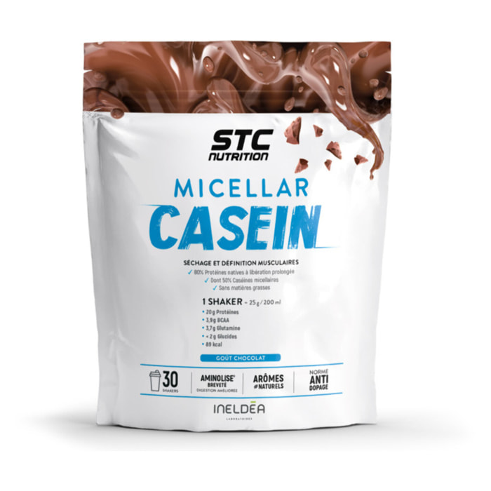 STC NUTRITION - Micellar Casein - Préparation en poudre pour boisson riche en protéines, BCAA, glutamine - Séchage & Définition musculaires - Chocolat - 100% Digeste - 30 Shakers - 750g