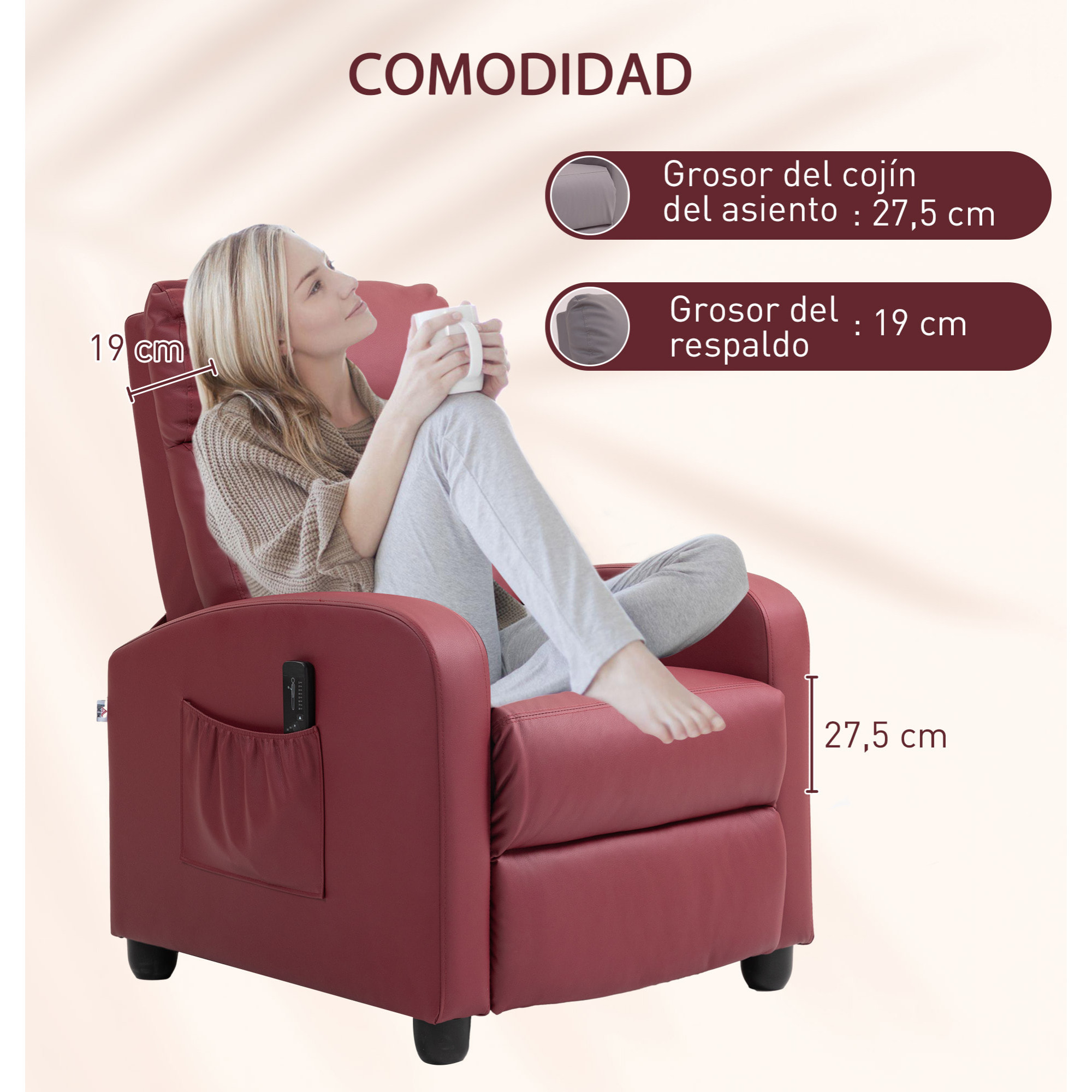 Sillón de Masaje, Sillón Relax Reclinable con Mando a Distancia, 2 Zonas de Masaje, 8 Programas, 5 Niveles de Intensidad, Bolsillo Lateral y Temporizador Tapizado en PU 68x88x98 cm Rojo Burdeos