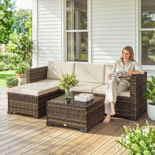 Conjunto de Jardín de Ratán de 5 Piezas, Conjunto Terraza Resistente, Muebles Jardín Exterior Incluye Cojines, 2 Sillones de Esquina, Sillón sin Brazos, Reposapiés y Mesa Centro, Caqui