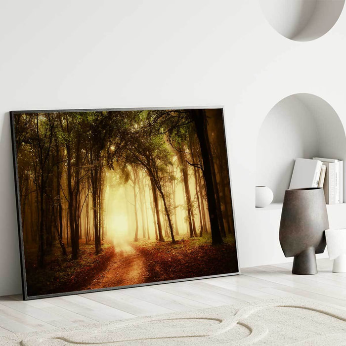 Affiche encadrée forêt dorée et chemin lumineux Affiche + cadre en métal - Noir
