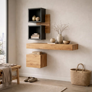 Mobile Ingresso Moderno Con Pensili A Giorno Mensole Sospese Con Cassetto E Anta Salvaspazio Design Nordico 100 x 170 x 30 Cm Nero E Rovere