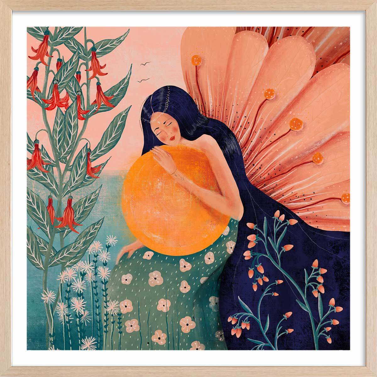 Affiche princesse aux fleurs Affiche + cadre en bois - Chêne