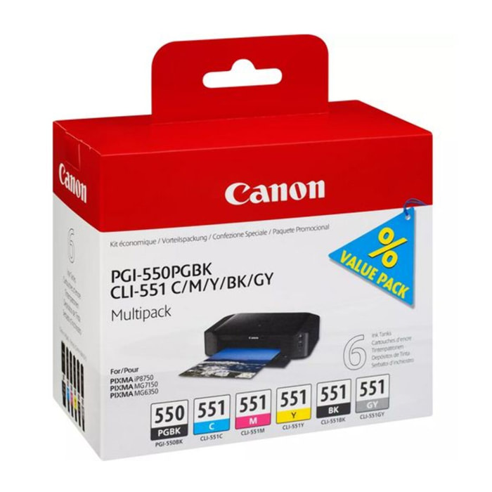 Cartouche d'encre CANON Pack Multipack 6 Originales PGI-550/CLI-551 (Noir + 5 Couleurs) - 6499B001