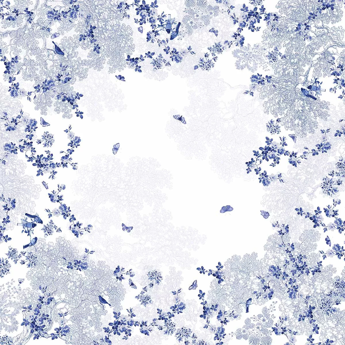 Nappe métis lin & coton lavé 190 g/m² imprimé blanc bleu Voliere bleu