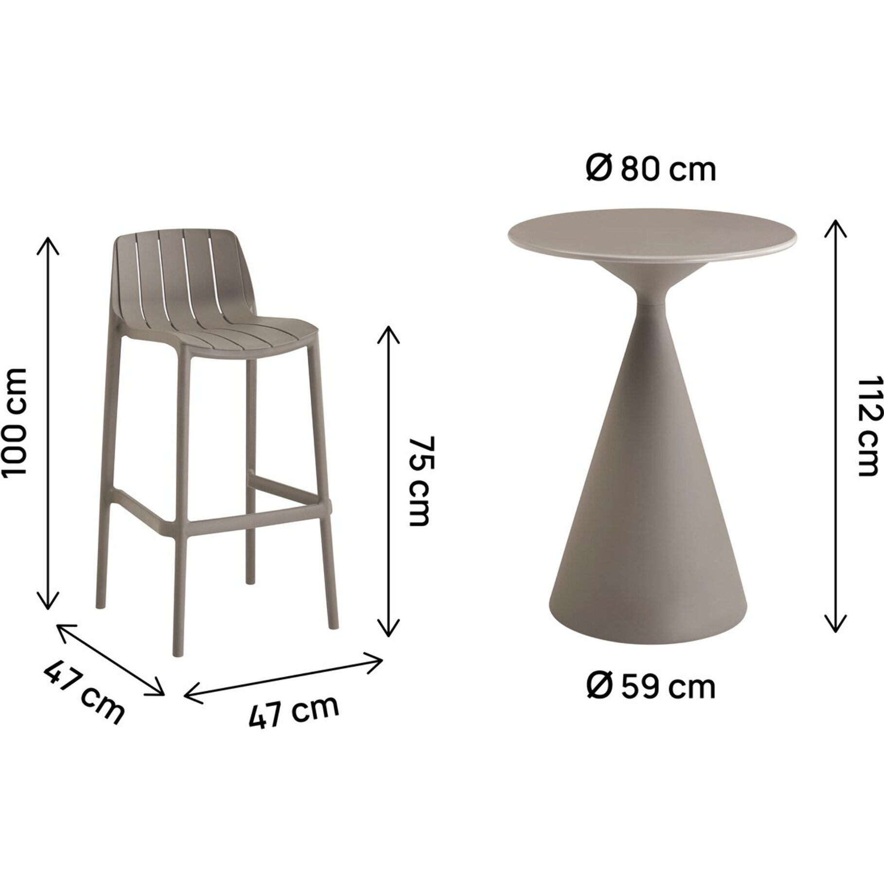 Table et chaises hautes de bistrot empilables "Vaena" - 2 places - Taupe