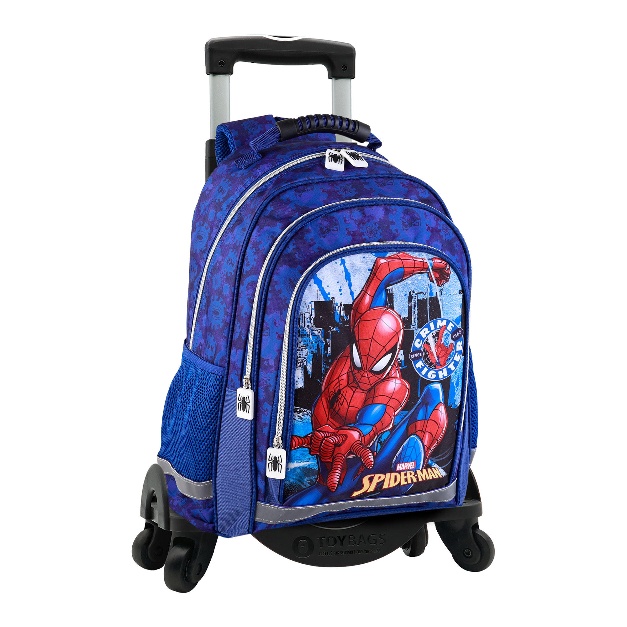 Zaino Spiderman primario a doppio scomparto + trolley con protezione laterale e stoper anteriore, 4 ruote multidirezionali.