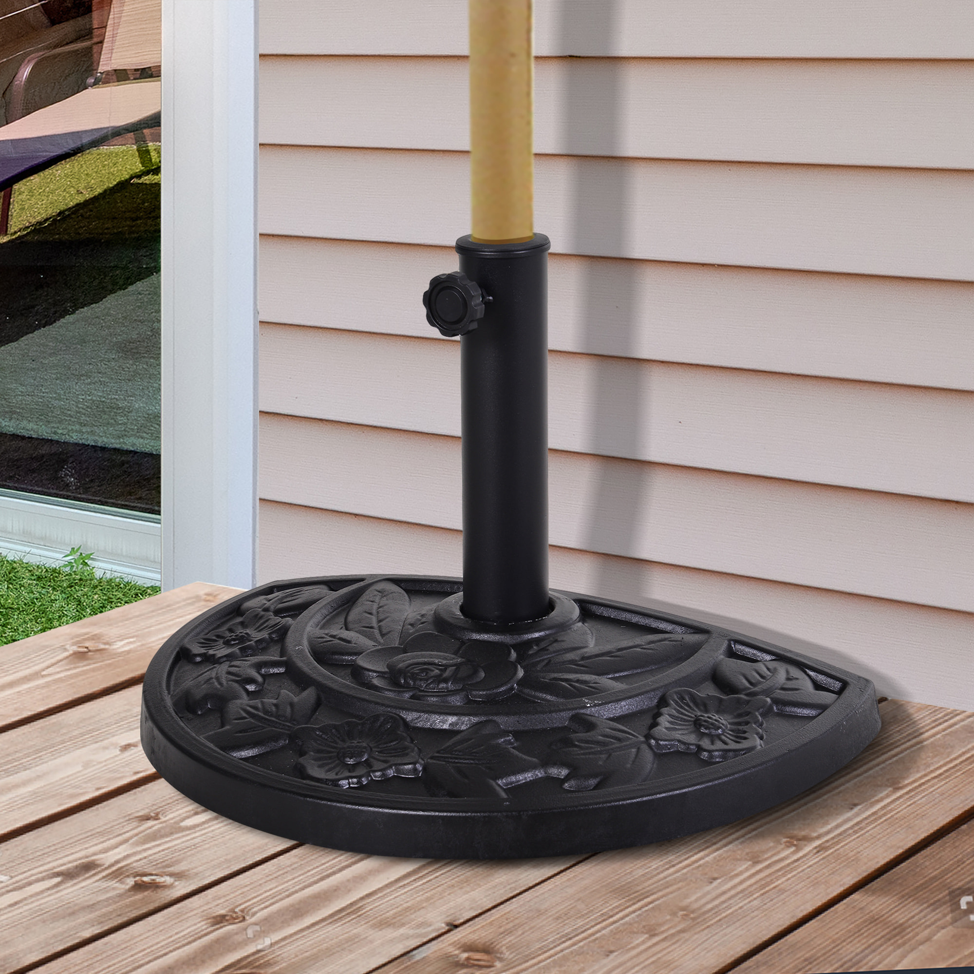 Pied de parasol base de lestage parasol demi-cercle résine imitation fonte motif fleur 50L x 31l x 32H cm noir