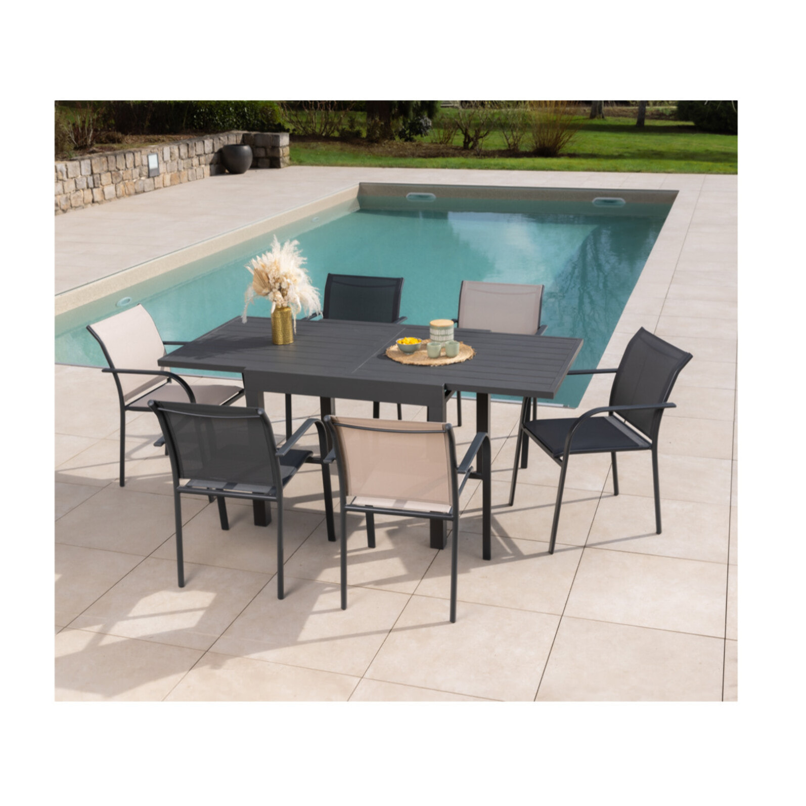 HONFLEUR BEZIERS - Ensemble table et chaises de jardin  - Gris anthracite et Lin