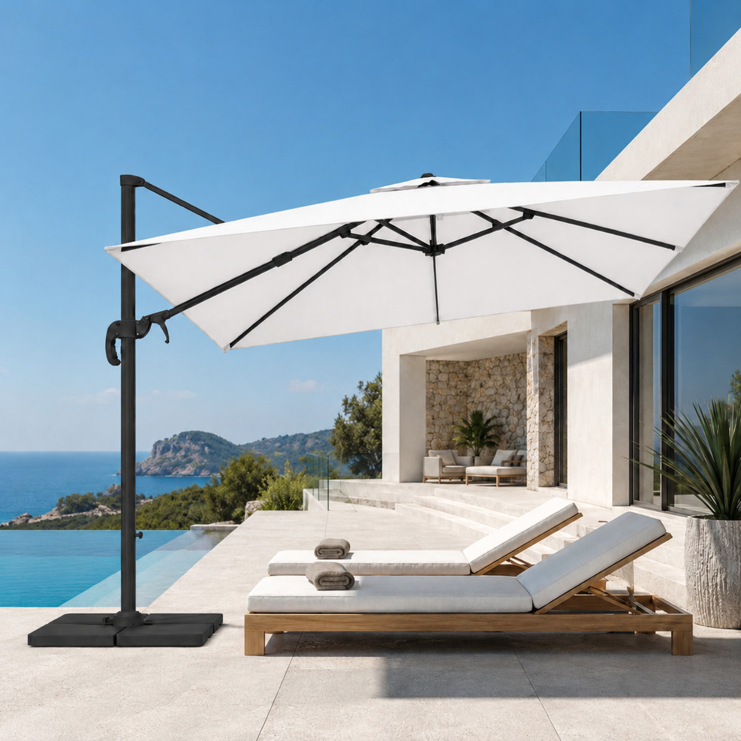 Ombrellone 3x3 M Giardino Braccio Retrattile Esterni Piscina Gazebo Terrazze Bar Hotel Acciaio Inox Rotabile 360° Telo 180g Impermeabile Anti UV Panna
