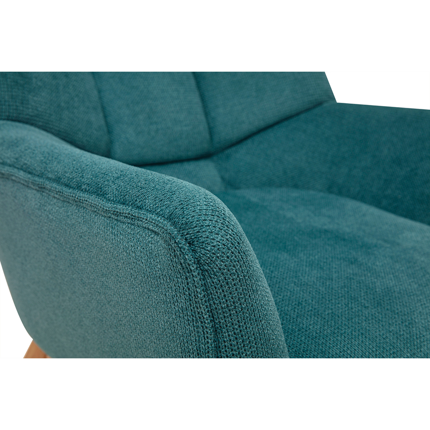 Fauteuil scandinave en tissu chenille bleu canard et bois clair BRODY