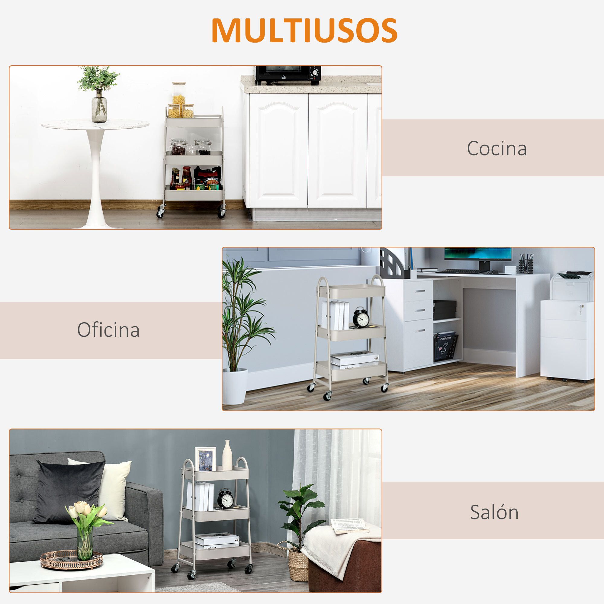 HOMCOM Carrito de Cocina de Acero con Ruedas Carro de Almacenamiento de 3 Niveles y Frenos para Baño Salón Dormitorio Oficina 45x31x79,4 cm Gris