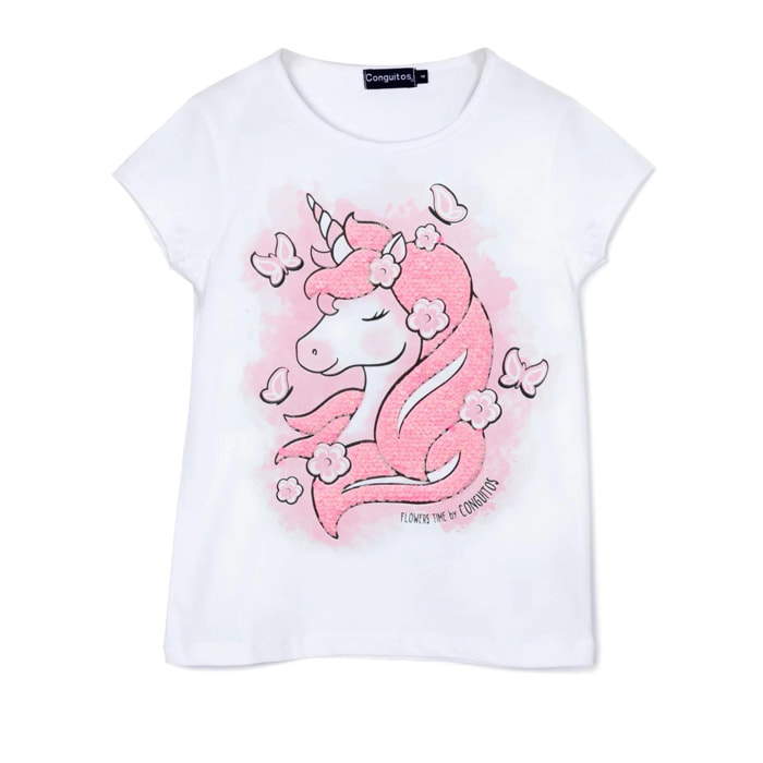 Camiseta de Niña Unicornio Lentejuelas En Blanco