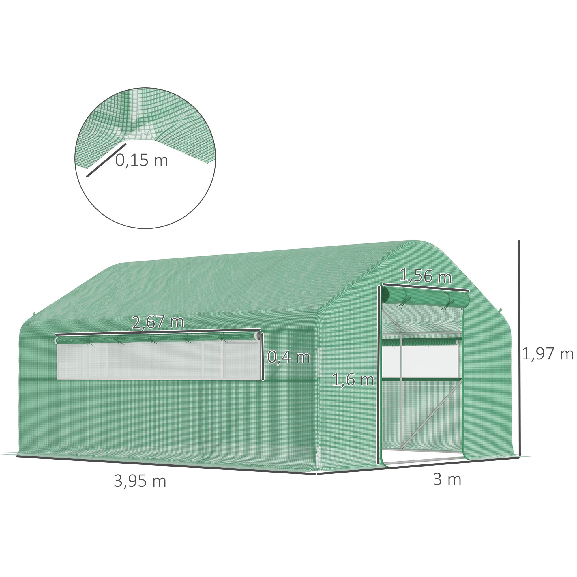 Serre de jardin 12 m² - serre tunnel 4 x 3 x 2 m porte 2 grandes fenêtres enroulables maillées acier galvanisé PE blanc