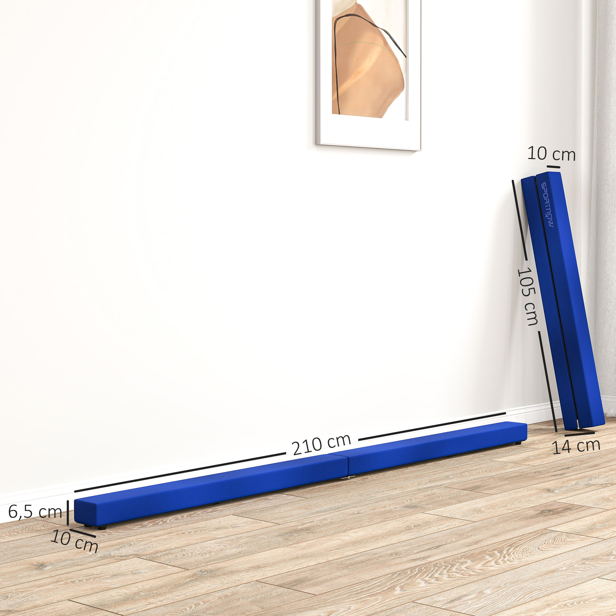 Poutre gymnastique pliable 210 cm - poutre d'équilibre antidérapante - bois de pin revêtement flanelle bleu