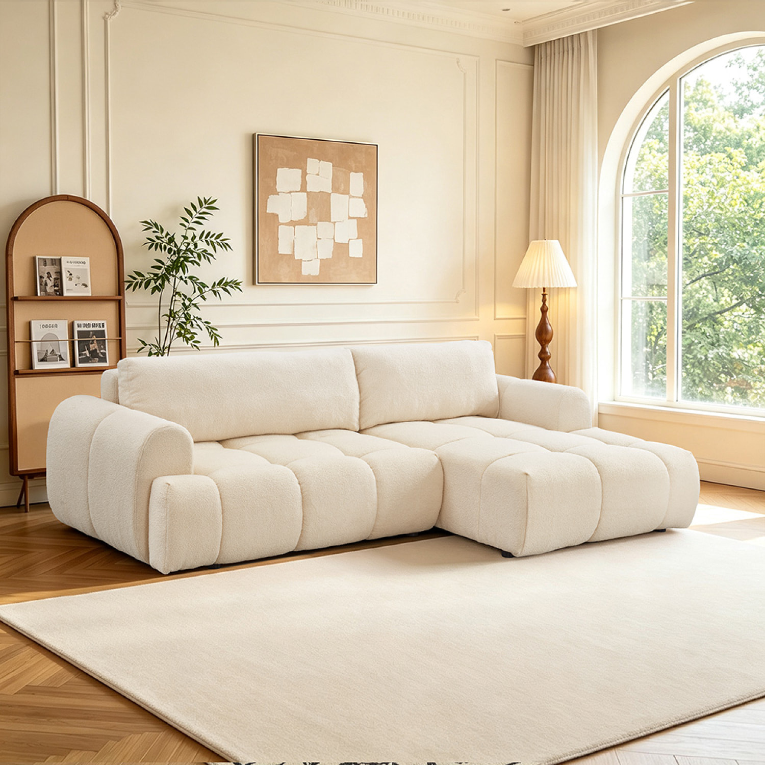 Canapé nuage convertible 4 places en tissu bouclette beige MINDEN