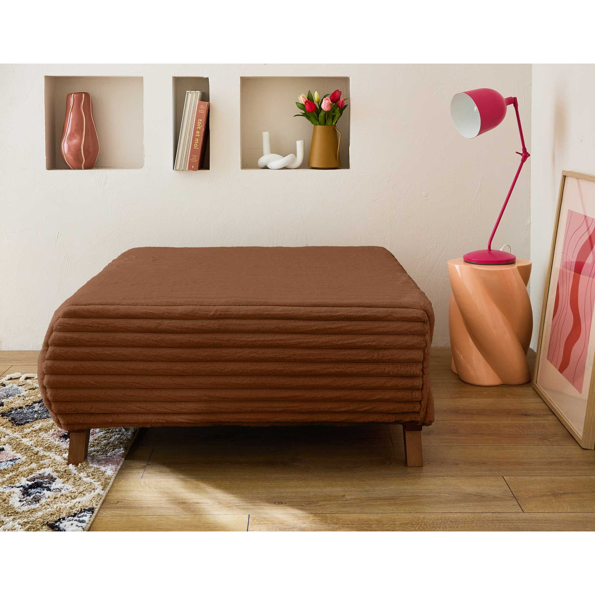 Cristal - pouf modulable - 95 cm - en fausse fourrure côtelée - Rouille