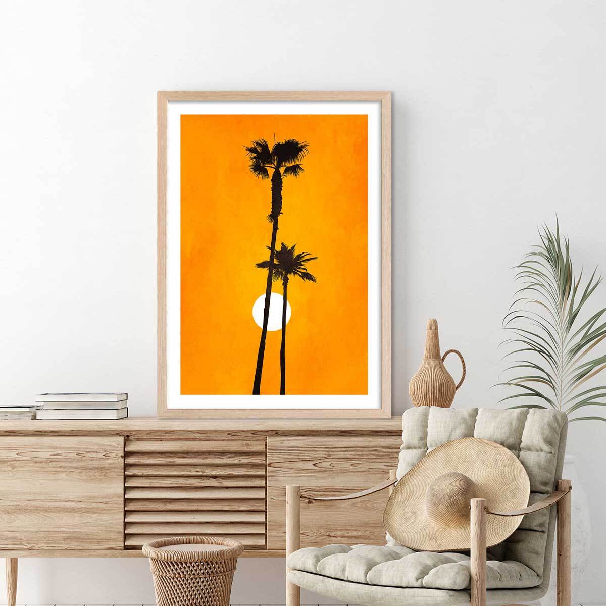 Affiche paysage Sunset palm Affiche + cadre en bois - Chêne