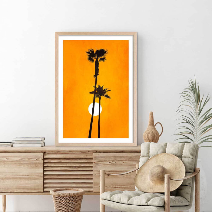 Affiche paysage Sunset palm Affiche + cadre en bois - Chêne