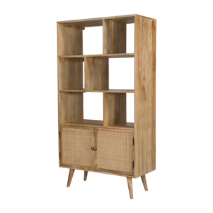 Etagère 6 niches 2 portes en cannage et bois de manguier - Cody