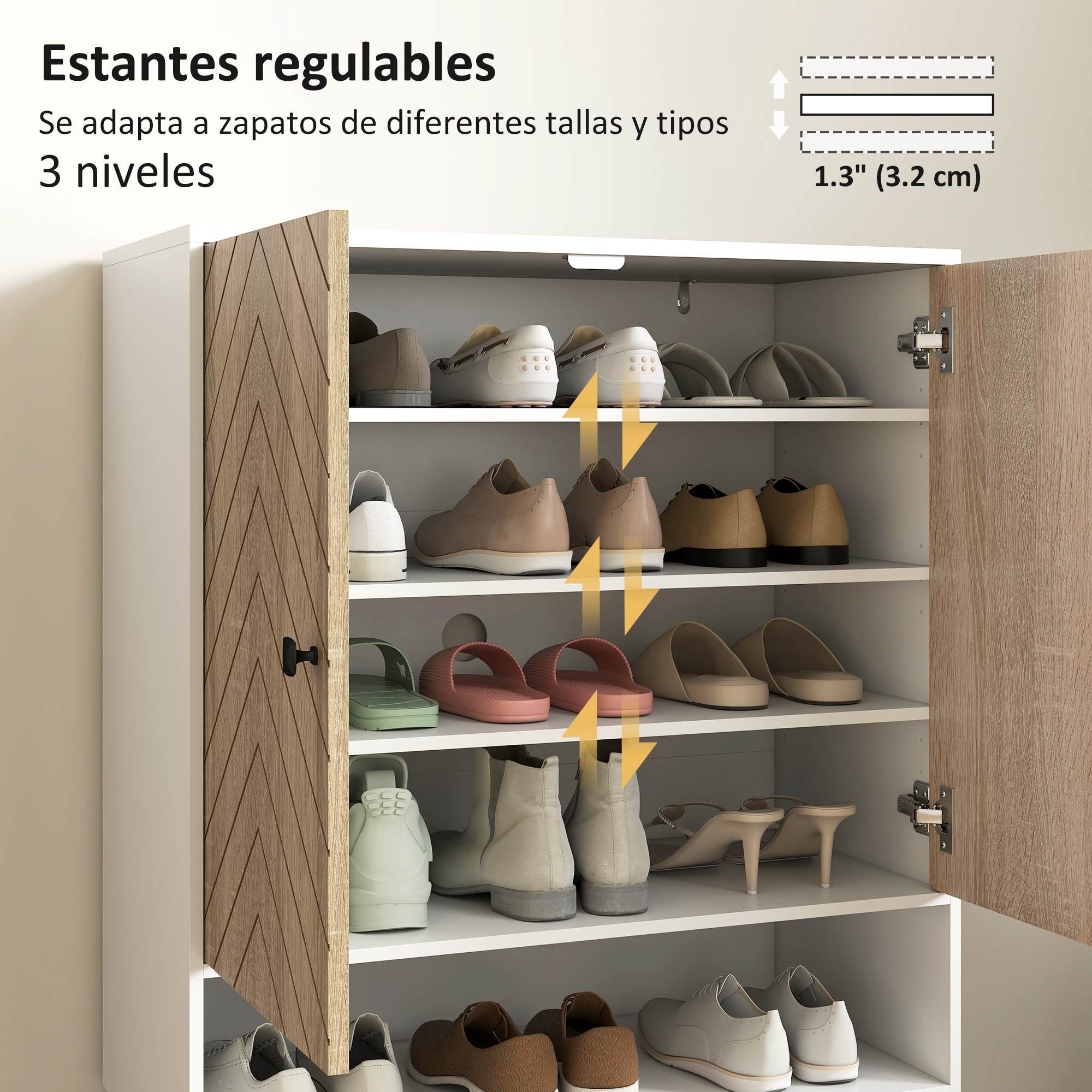 Zapatero de 2 Puertas con Diseño en Espiga, Zapatero Entrada Recibidor con Estantes Ajustables, Compartimento Abierto, para 15 Pares de Zapatos, 75x35x97 cm, Blanco y Natural