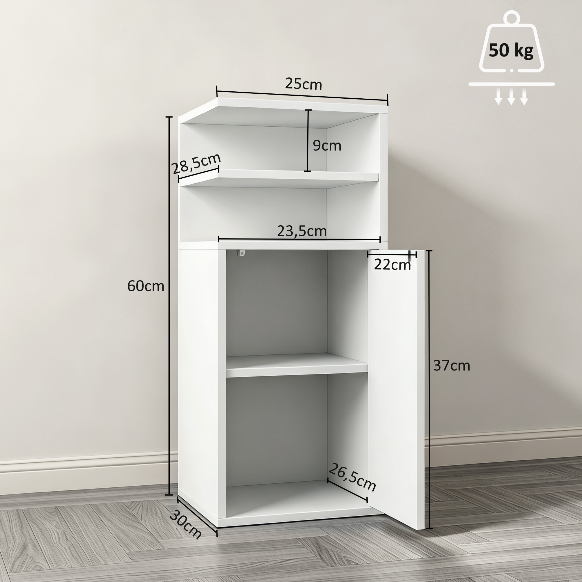 Mesitas de Noche Estrechas, Juego de 2, Mesillas de Noche Dormitorio con Puerta, Compartimentos Abiertos, Mesa Auxiliar para Salón, Espacios Reducidos, 25x30x60 cm, Blanco