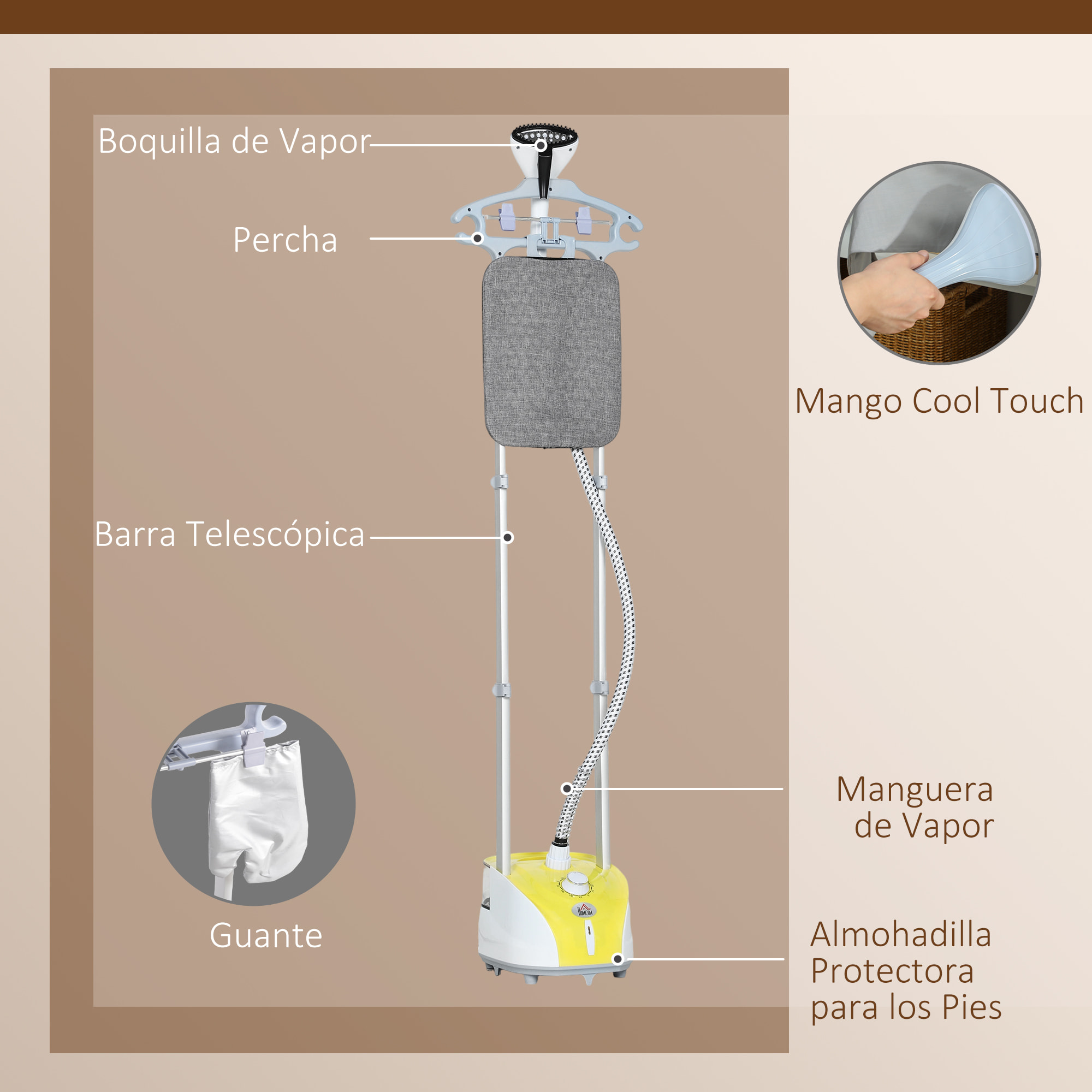 Plancha Vertical Vapor 1950W, Depósito de 2â‚¬Â¯L, 32g/min, Plancha de Vapor Vertical con Barra Telescópica, Listo en 38s,Colgador de Ropa, Centro de Planchado para Hogar Oficina, Amarillo