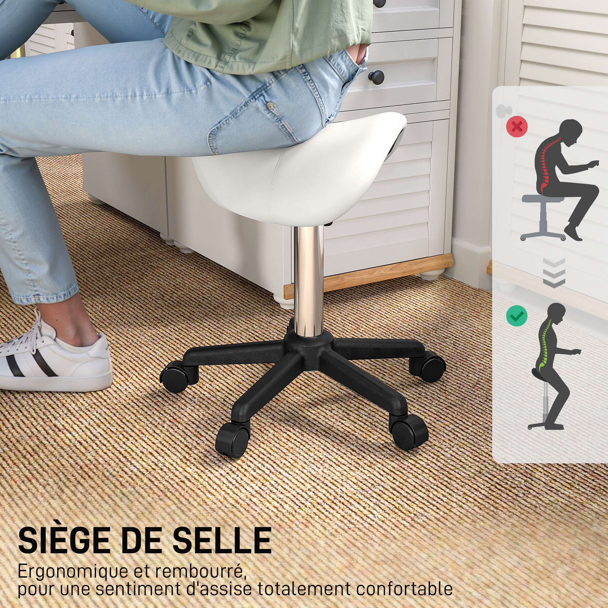 Tabouret de massage tabouret selle ergonomique pivotant 360° hauteur réglable revêtement synthétique blanc
